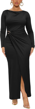 Ekaliy Women's Elegant Bodycon Maxi Dress Long Sleeve Party Cocktail Wedding Guest Dress