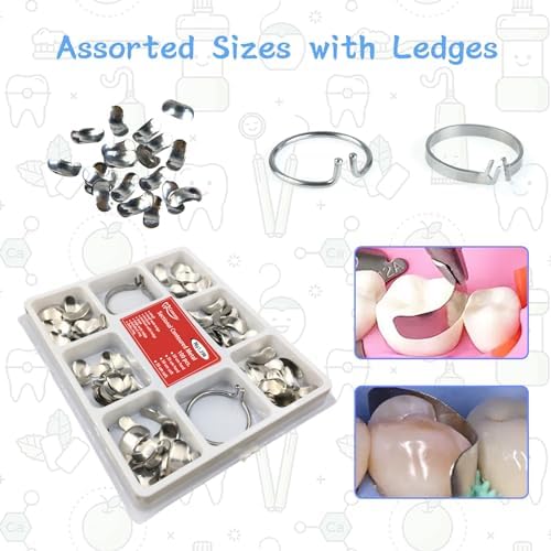 100 Pieces Stainless Steel Sectional Contoured Metal Dental Matrices Kit with Ledges, 0.035mm Thickness, Assorted Sizes Soft Metal Bands for Molar and Premolar Restorations - Dental Matrix System Kit