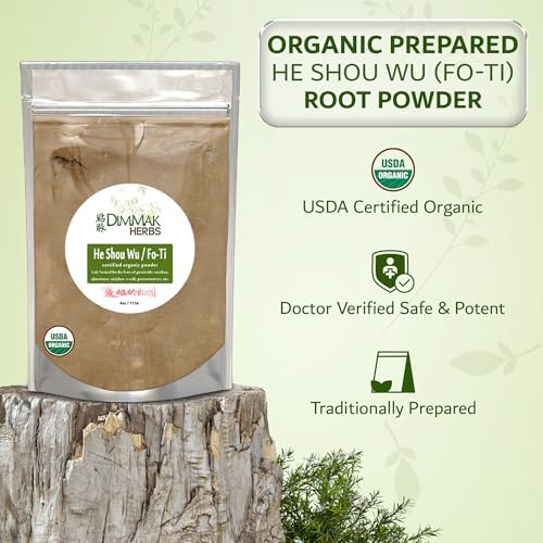Dimmak Herbs Organic Prepared He Shou Wu Powder (Fo-Ti Root)- Traditional Black Bean Cured Tonic for Hair Thickness, Graying & Jing Vitality- Polygonum Multiflorum Safe & Potent (4oz)
