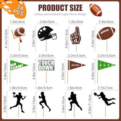 24PCS Football Cupcake Toppers, Football Flag Touchdown Wooden Food Picks, Disposable Foot Ball Themed Cocktail Picks for Sports Theme Party Decorations 2026 Birthday Game Day Party Supplies