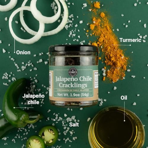 Pack of 4 - SMP Jalapeño Chile Cracklings – Crispy & Mildly Spicy Fried Jalapeños, Mexican Chili Crisp & Crunch, Dried Chilli Toppings for Tacos, Salsas, Guacamole & More, 1.9 oz