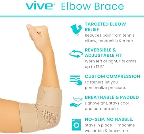 Vive Elbow Brace - Tennis Compression Sleeve - Wrap for Golfers, Bursitis, Left or Right Arm - Tendonitis Support Strap for Golf, Men and Women - Epicondylitis and Sports Recovery (Beige, Standard)