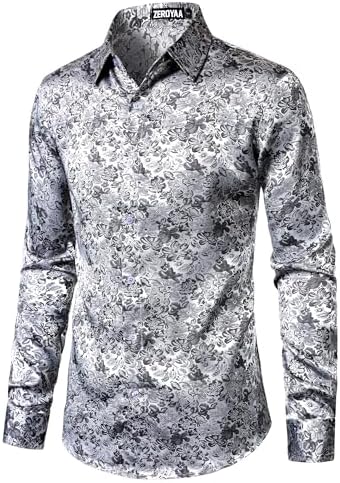 ZEROYAA Men's Shiny Satin Rose Floral Jacquard Long Sleeve Button Up Dress Shirts for Party Prom