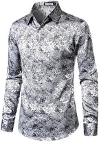 ZEROYAA Men's Shiny Satin Rose Floral Jacquard Long Sleeve Button Up Dress Shirts for Party Prom