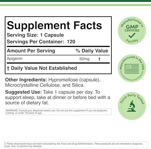 Apigenin Supplement - 50mg per Capsule, 120 Count (Powerful Bioflavonoid Found in Chamomile Tea for Relaxation, Sleep, and Mood) Senolytic Flavonols for Aging (Gluten Free) by Double Wood