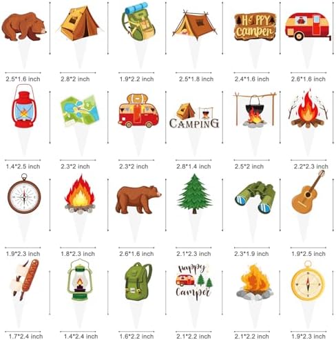 Camping Cupcake Toppers 48 Pieces Happy Camper Birthday Party Decorations Outdoor Adventure Theme Party Decorations Bear Tent Bonfire Guitar Cake Picks for Woodland Tree Birthday Baby Shower Supplies