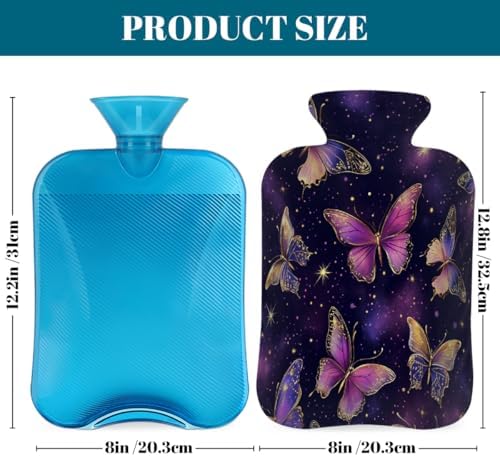 Hot Water Bottle with Cover 2L Purple Golden Butterfly Hot Water Bag for Pain Relief Period Cramps, Winter Warmer