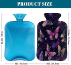 Hot Water Bottle with Cover 2L Purple Golden Butterfly Hot Water Bag for Pain Relief Period Cramps, Winter Warmer