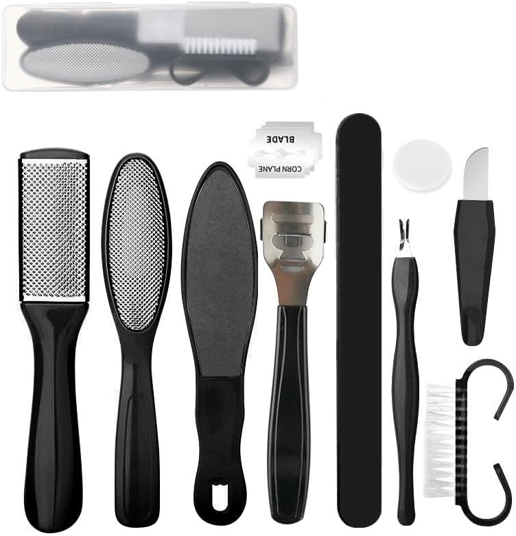 Foot Files Kit Foot Scrubber Rasp and Double-Sided Heel Files Pedicure Tools Callus Remover Stainless Steel for Dead Skin-10-Pack - Black -Box