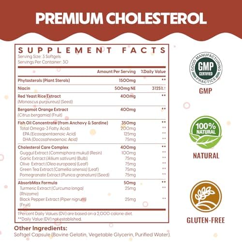 Cholesterol Supplements with Plant Sterols, Niacin, Red Yeast Rice, Citrus Bergamot, Garlic, Cholesterol Supplement Support Normal Cholesterol Levels, 90 Softgels