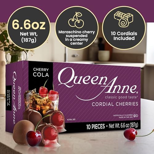 Queen Anne Cherry Cola Chocolate Covered Cordial Cherries | 6.6 oz | 10 Piece Gift Box | Whole Maraschino Cherry Creamy Filled Liquid Center | Holiday Party Chocolate Candy