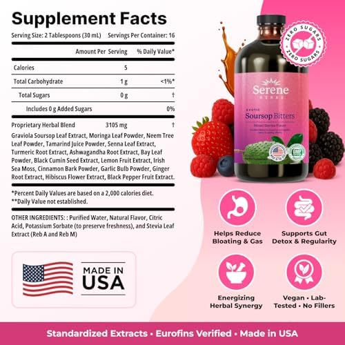 Serene Herbs Soursop Bitters Liquid with Soursop Leaves for Gut Cleanse, Detox & Immune Boost with Black Seed, Moringa, Irish Moss, Ashwaganda, Turmeric, 16 fl oz (16 Fl Oz (Pack of 1), Mixed Berry)