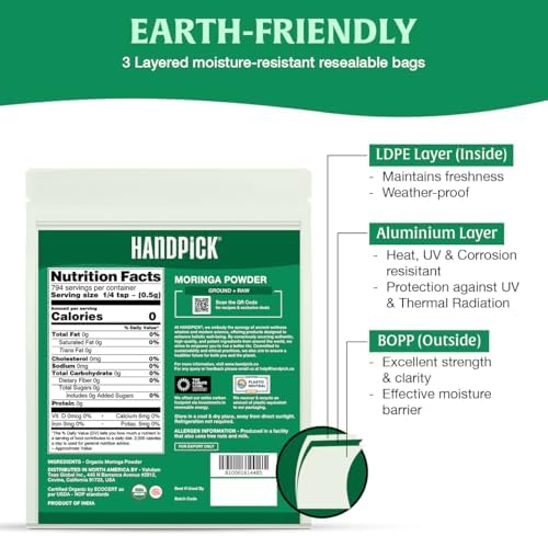 HANDPICK USDA Organic Moringa Powder (397g/14oz) Pure Moringa Oleifera Leaf Powder | Authentic Indian Origin | Gluten Free, Non-GMO | Perfect for Smoothies, Drinks, Tea & Recipes