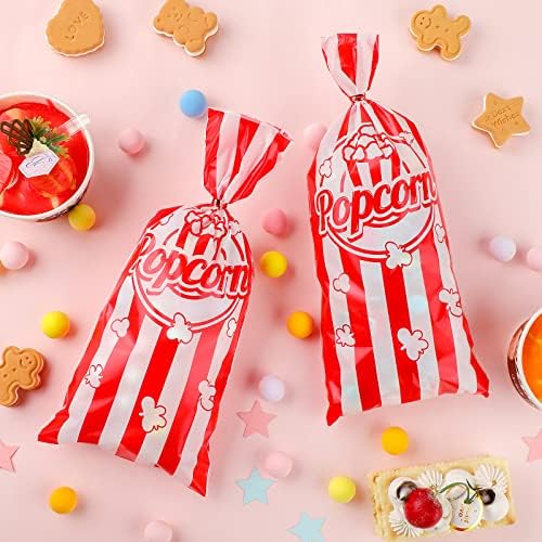 Teling 100 Pcs Popcorn Treat Bags 100 Pcs Popcorn Treat Bags for Party Red White Stripe Cookie Candy Bags with 150 Red Twist Ties for Circus Carnival Birthday Party Favor