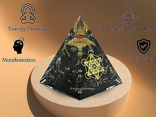 Amazing Gemstone Organite Orgone Pyramid Extra Large 105 MM - Metatron Cube Orgone Energy Pyramid with Black Tourmaline Crystals and Healing Stone - Orgonite Pyramids Crystals and Positive Energy