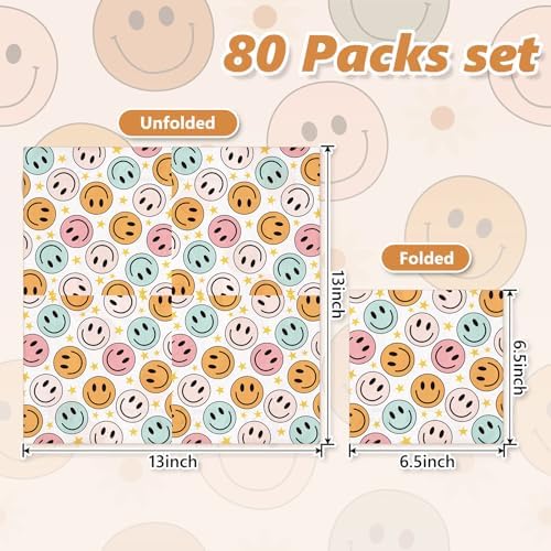 Whaline 80 Pack Boho Smile Face Paper Napkin 6.5 x 6.5 Inch Preppy Smile Star Disposable Luncheon Napkins Retro Hippie Happy Face Dinner Napkin for Birthday Preppy Party