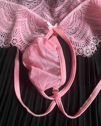 Mens Sexy Pink Lace Jockstraps Underwear, Sissy Lingerie Soft Stretchy Bulge Pouch Panties For Men Crossdressers