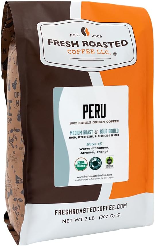 Fresh Roasted Coffee, USDA Organic Peru | 3rd Party Tested for Pesticides, Mold, Mycotoxins, Kosher | 100% Arabica, Specialty Grade, Med Roast 2 lb (32 oz) Whole Bean