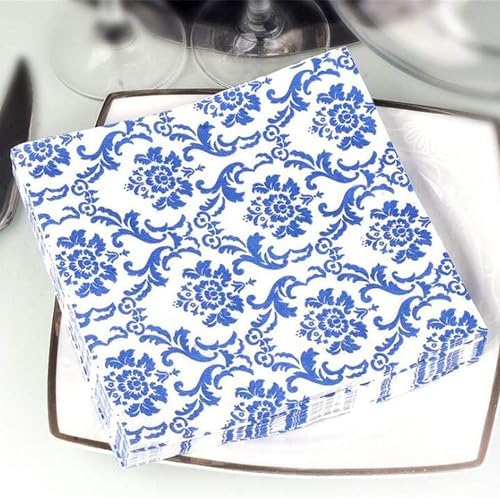 Blue Floral Cocktail Napkins For Wedding Party Birthday With 2 Layers, Paper Luncheon Napkin, 13x13 Inch, 120 Count