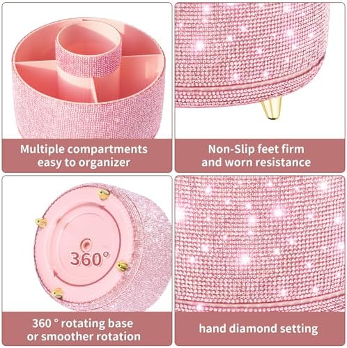 fanado Bling Diamond Makeup Brush Holder, 360° Rotating Makeup Organizer, 5 Slot Make up Brushes Cup for Countertop, Storage for Cosmetics Pen Eyeliner Skincare on the Vanity (Diamond Pink)