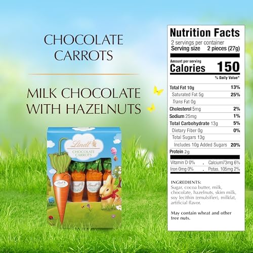 Lindt Chocolate Carrots, Solid Milk Chocolate Easter Candy Blended with Hazelnut, 1.9 Oz Box
