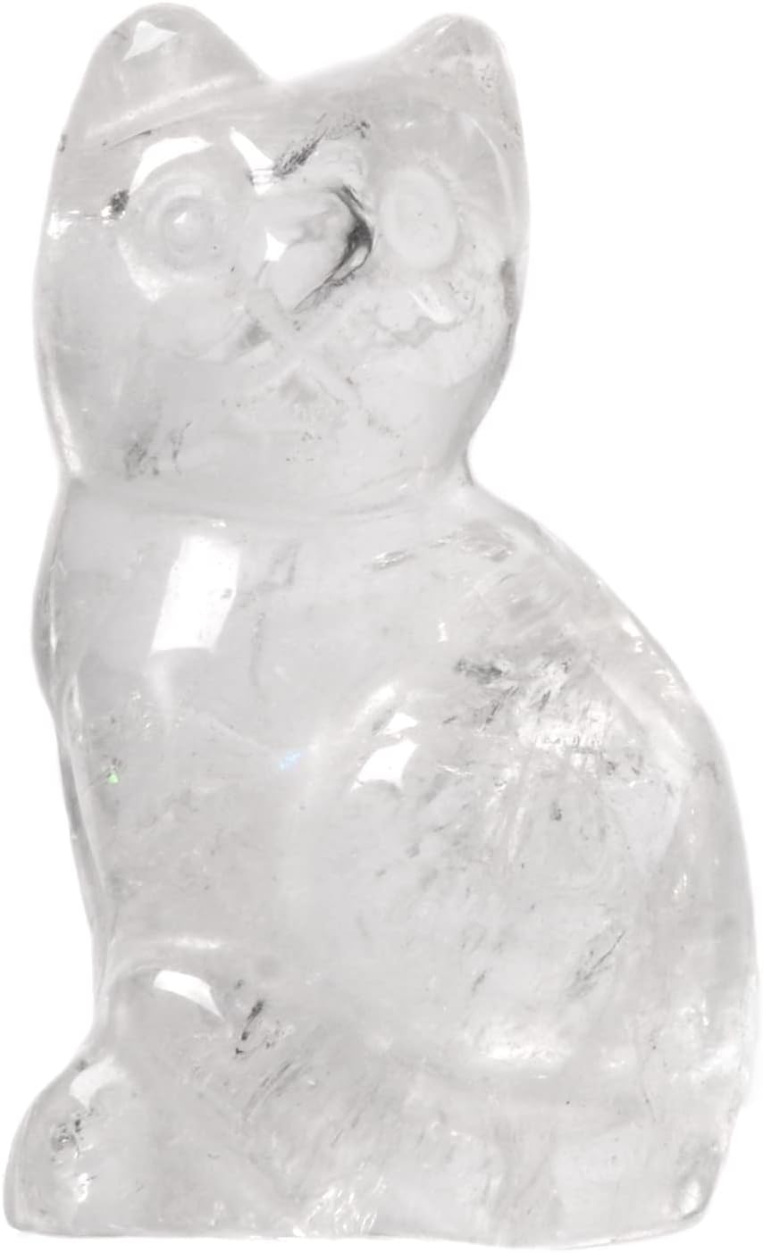 Justinstones Carved Natural Clear Quartz Cat Guardian Statue Home Decor Reiki Chakra Healing Crystal Desk Gemstone Decoration Stone Crafts Gemstone Collectible Gift