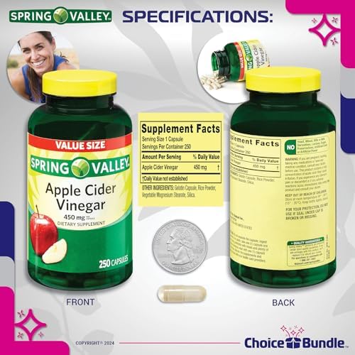 Spring Valley Apple Cider Vinegar Capsules 450 mg Dietary Supplement 250 Ct Plus Vitamin Vitality & Pill Container (3 Items)!
