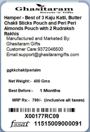 Ghasitaram Gifts Rakhi Gifts for Brothers Best of 3 Kaju Katli, Butter Chakli Sticks Pouch and Peri Peri Almonds Pouch with 2 Rudraksh Rakhis
