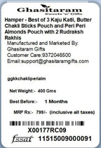 Ghasitaram Gifts Rakhi Gifts for Brothers Best of 3 Kaju Katli, Butter Chakli Sticks Pouch and Peri Peri Almonds Pouch with 2 Rudraksh Rakhis