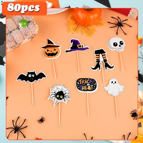 Morcheiong Halloween Cupcake Toppers - 80 Pcs Spooky Haunted House Party Fruit Cake Decoration Supplies