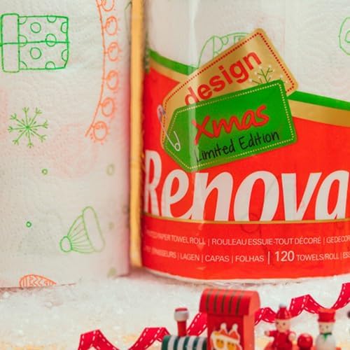 Renova Christmas Paper Towels, Limited Edition, 2-Ply, 120 Sheets, Holiday Design with Festive Prints