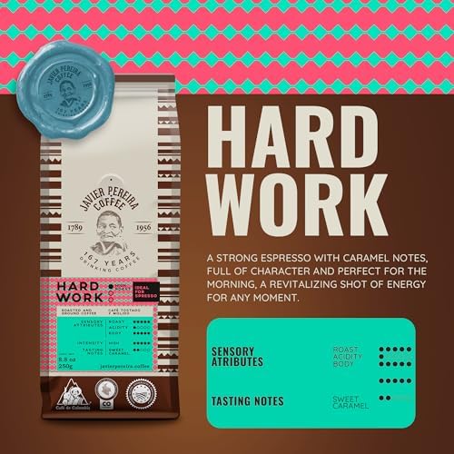 Javier Pereira Coffee Colombian Specialty Coffee Ground Hard Work – Dark Roast Arabica – Bold Espresso Flavor & Caramel Sweetness – Certified Café de Colombia – 8.8 oz