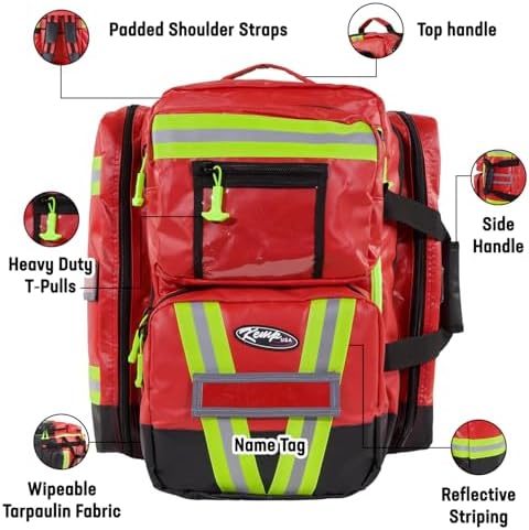 Kemp USA Heavy-Duty EMT Bag, Made with Fluid-Resistant Tarpaulin Material - Emergency Survival Kit with Room for D O2 Tank - Medical Backpack with Multiple Handles (Tarpaulin Fabric Red)