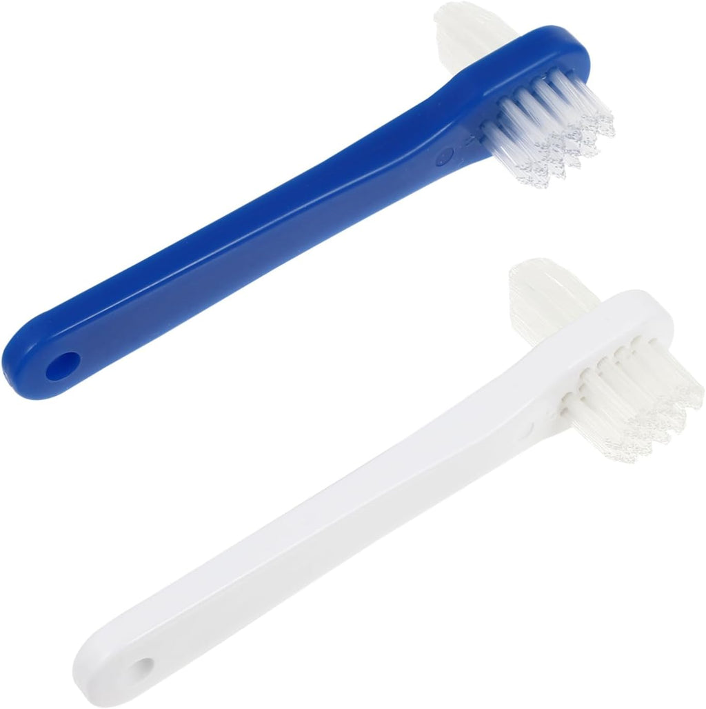 FRCOLOR 2pcs Dual Head Denture Brush with Non Slip Handle Firm Nylon Bristles for False Teeth Cleaning Angled and Large Multi Tufted Heads Gentle Care for Dentures and Retainers White Blue