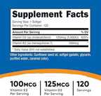 Nutricost Vitamin D3 + K2 (5000 IU D3 / 100mcg MK7), 120 Softgels – Gluten-Free & Non-GMO