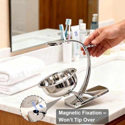 GRUTTI Shaving Bowl, Stand and Brush Set - 3-Piece Magnetic Base Bowl, Chrome Alloy Stand & Synthetic Brush | Razor Not Included