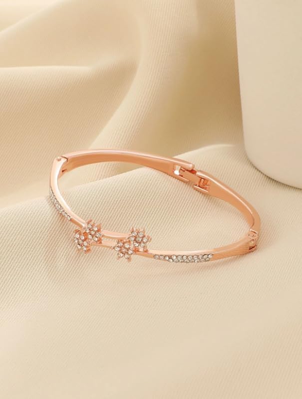 Rose Gold Flower Decor Bangle Women Personality Temperament Shiny Zircon Decorative Bracelets Female Fashion Casual Daily Wear Cuff Bracelets Jewelry Gift for Friends