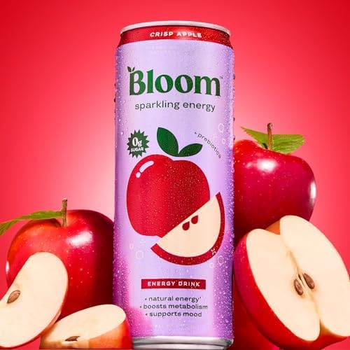 Bloom Nutrition Sparkling Energy Drink - Natural Caffeine, Zero Sugar, 180mg Caffeine - Antioxidant-Rich with Green Coffee Bean, Green Tea Extract, Prebiotics - Crisp Apple - 12oz 12 Pack