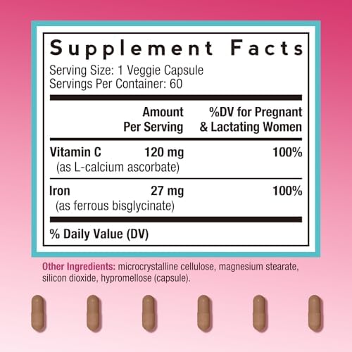 Doctor's Recipes Iron Supplement for Pregnant Women, Chelated Iron Bisglycinate, with Vitamin C for High Absorption, Gentle, Red Blood Cell Production Support, 60 Vegan Caps