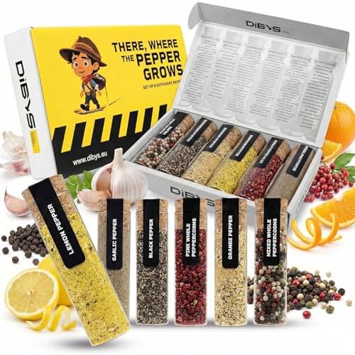 DIBYS Gourmet Pepper Seasoning Set - 6 Authentic Pepper Blends with Recipes - Mixed & Pink Whole Peppercorns, Garlic, Lemon, Orange and Black Pepper - Seasonings & Spices - Gift for Foodies & Cooks