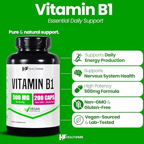 Healthfare Vitamin B1 (Thiamine) 500mg | 200 Vegan Capsules | Extra Strength High Potency Supplement | Supports Energy & Nervous System | Non-GMO, Gluten-Free | Made in USA