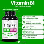 Healthfare Vitamin B1 (Thiamine) 500mg | 200 Vegan Capsules | Extra Strength High Potency Supplement | Supports Energy & Nervous System | Non-GMO, Gluten-Free | Made in USA