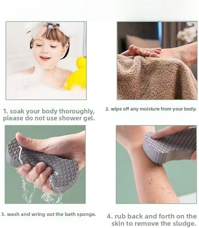 1PC 3D Bath Sponge Fish Scale Pattern Long Body Scrubber with Hang Loop for Shower Spa Travel and Back Cleaning, Textured Surface, Grey