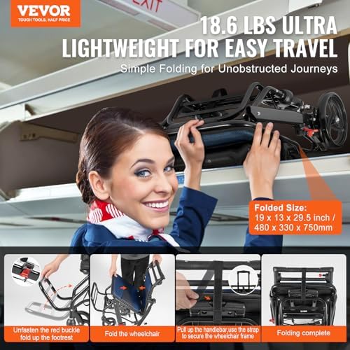 VEVOR Wheelchair, Aluminum Alloy Ultra-Lightweight Transport Chair for Adults, Foldable Cabin Wheelchair with Flip-Back Desk-Length Arms, Self-Locking Brake, 15.75-Inch Wide Seat, 220lbs Load