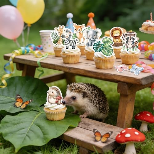 60Pcs Edible Jungle Safari Animal Cupcake Toppers Wafer Paper Green Leaf Woodland Animal Cupcake Kids Baby Shower Birthday Party Decoration Supplies