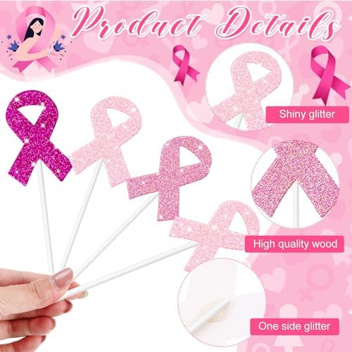 Marspark 48 Pieces Pink Ribbon Cupcake Toppers Picks Cake Decorations Breast Cancer Cake Topper for Breast Cancer Awareness Party