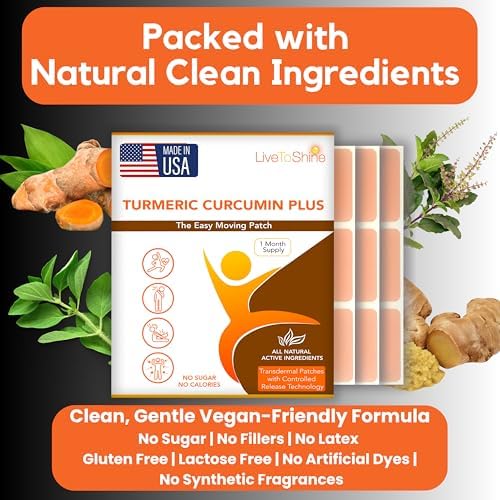 Live To Shine Turmeric Curcumin Topical Patches with Ginger, Boswellia & Holy Basil – Easy Plant-Based Alternative to Pills – 30-Day Supply – Vegan, Clean, USA Made