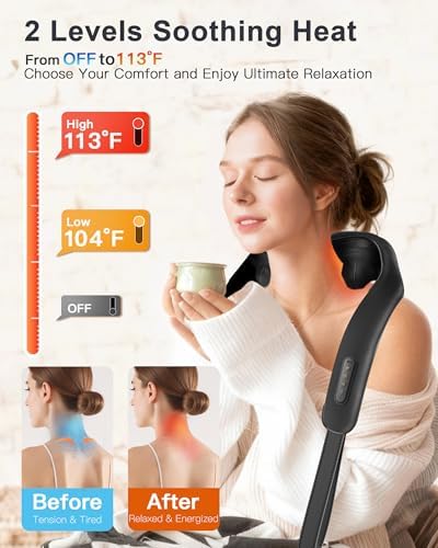 Neck and Shoulder Massager with Heat : Cordless Kneading Neck Massager for Pain Relief Deep Tissue - 3 Modes, 2 Intensity & 2 Heat Settings, Hands-Free Daily Comfort for Office and Home Use