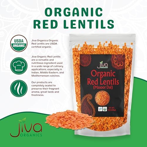 Jiva Organics Organic Red Lentils Split 4 LB LARGE Bag - Masoor Dal - Non-GMO, Vegan, Non-Irradiated