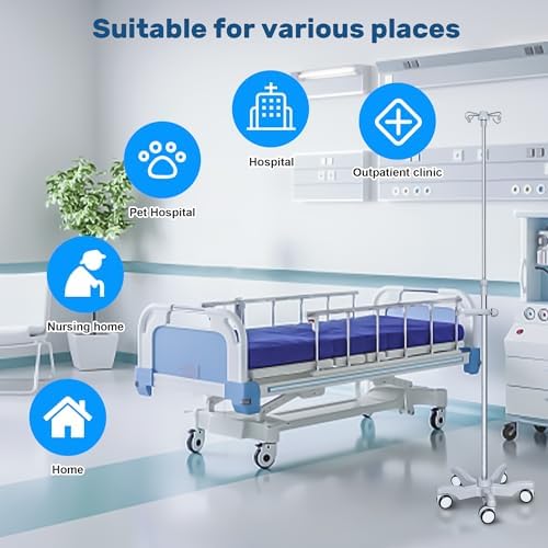 IV Pole with Wheels Medical Portable IV Stand Pole, IV Bag Stand with Removable IV Bag Holder, Adjustable Height Pole, 4 Hook & 5 Caster Base